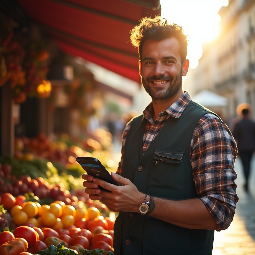 Operatore di mercato che usa la piattaforma su tablet durante una giornata di mercato all'aperto