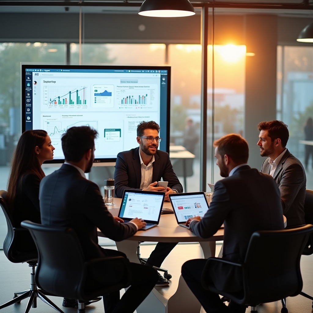 Team di amministrazione pubblica in riunione per discutere la digitalizzazione della gestione dei mercati